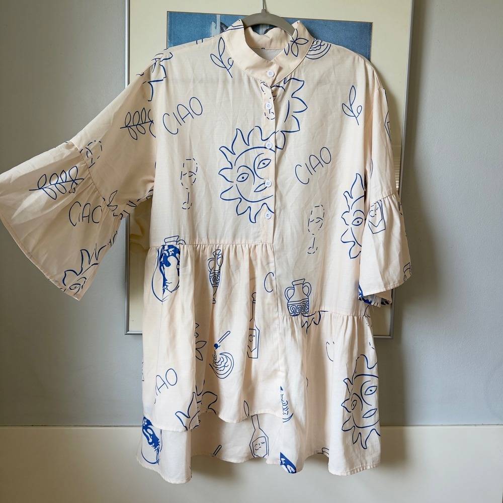 Commense Ciao Sun Face Mediterranean Print Tiered Babydoll Bell Sleeve Dress M